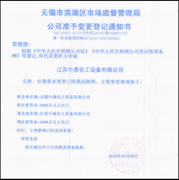 江蘇中鼎化工設(shè)備有限公司變更名稱：（原：無錫中鼎化工設(shè)備有限公司）名稱已經(jīng)變更！